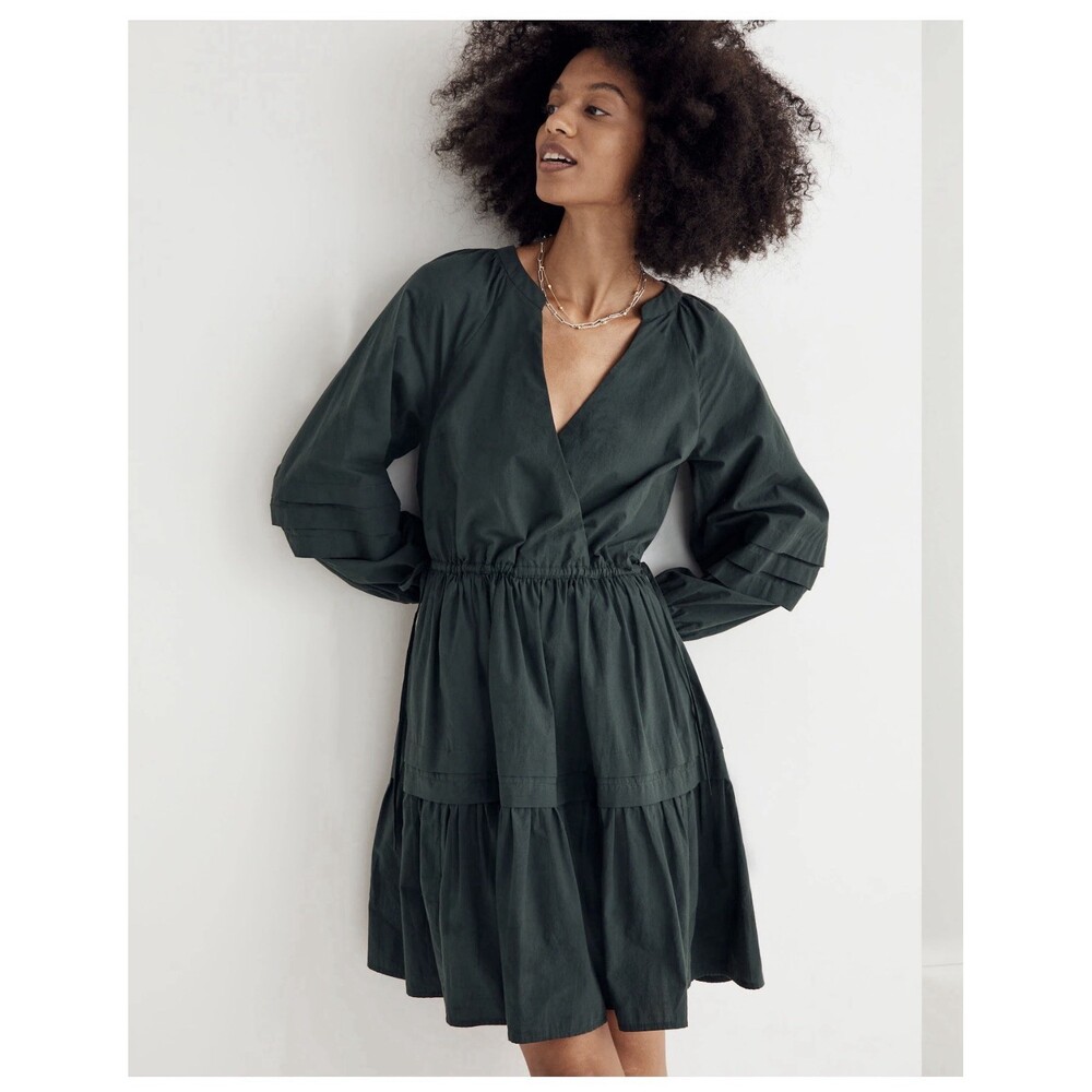 Madewell Crinkle Poplin Wrap Mini Dress Dark Palm Green Size S Cotton Tiered